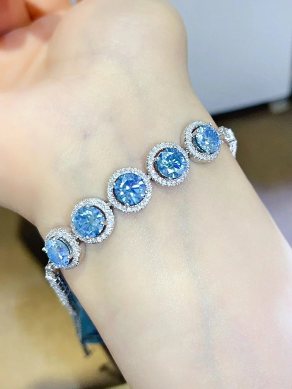 5CT Blue Moissanite Halo Tennis Bracelet 925 Sterling Silver Platinum Plated LUX